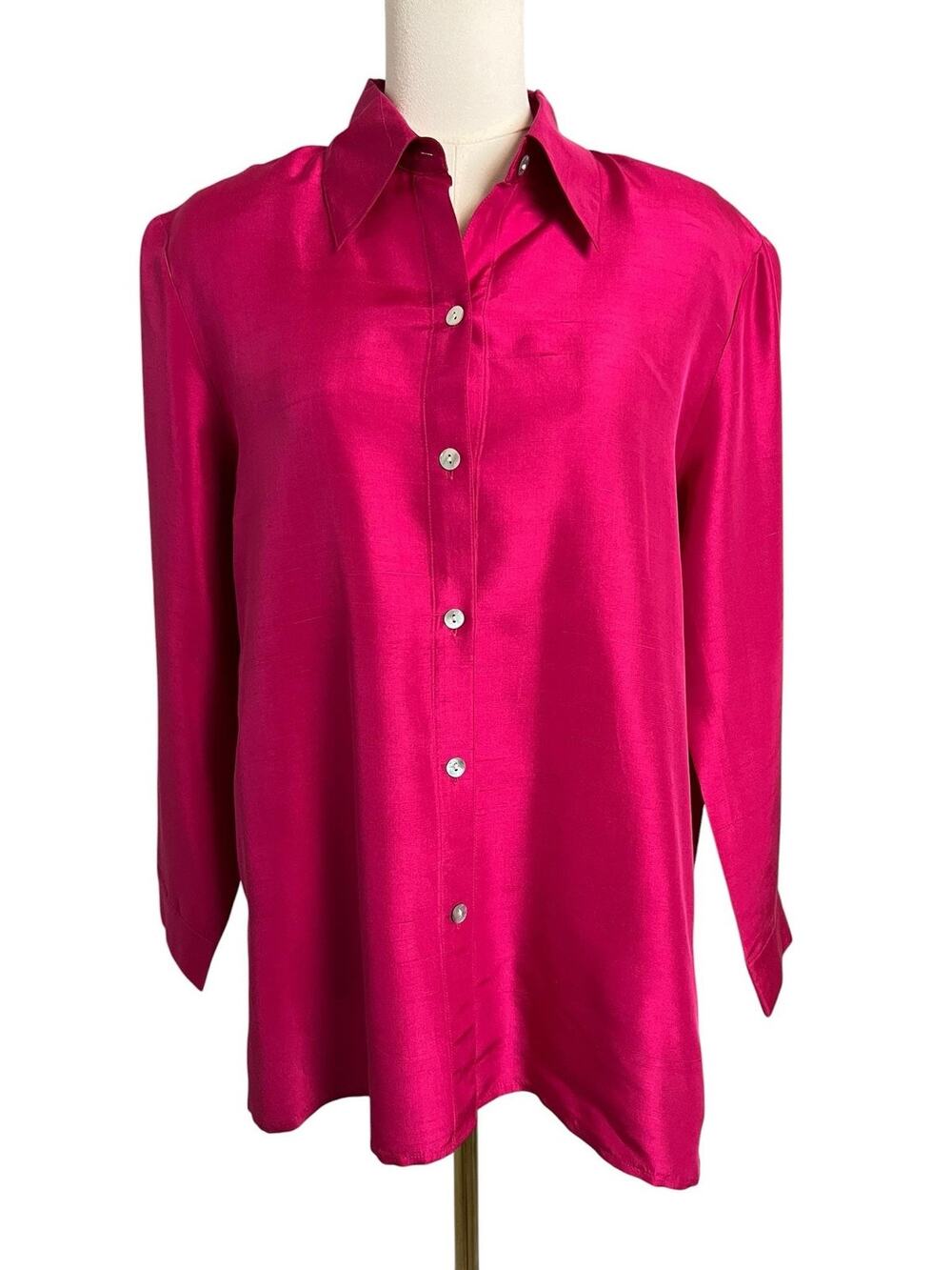 Vintage Norton McNaughton Fuchsia Pink Silk Blouse Womens 8 Button Front Shirt